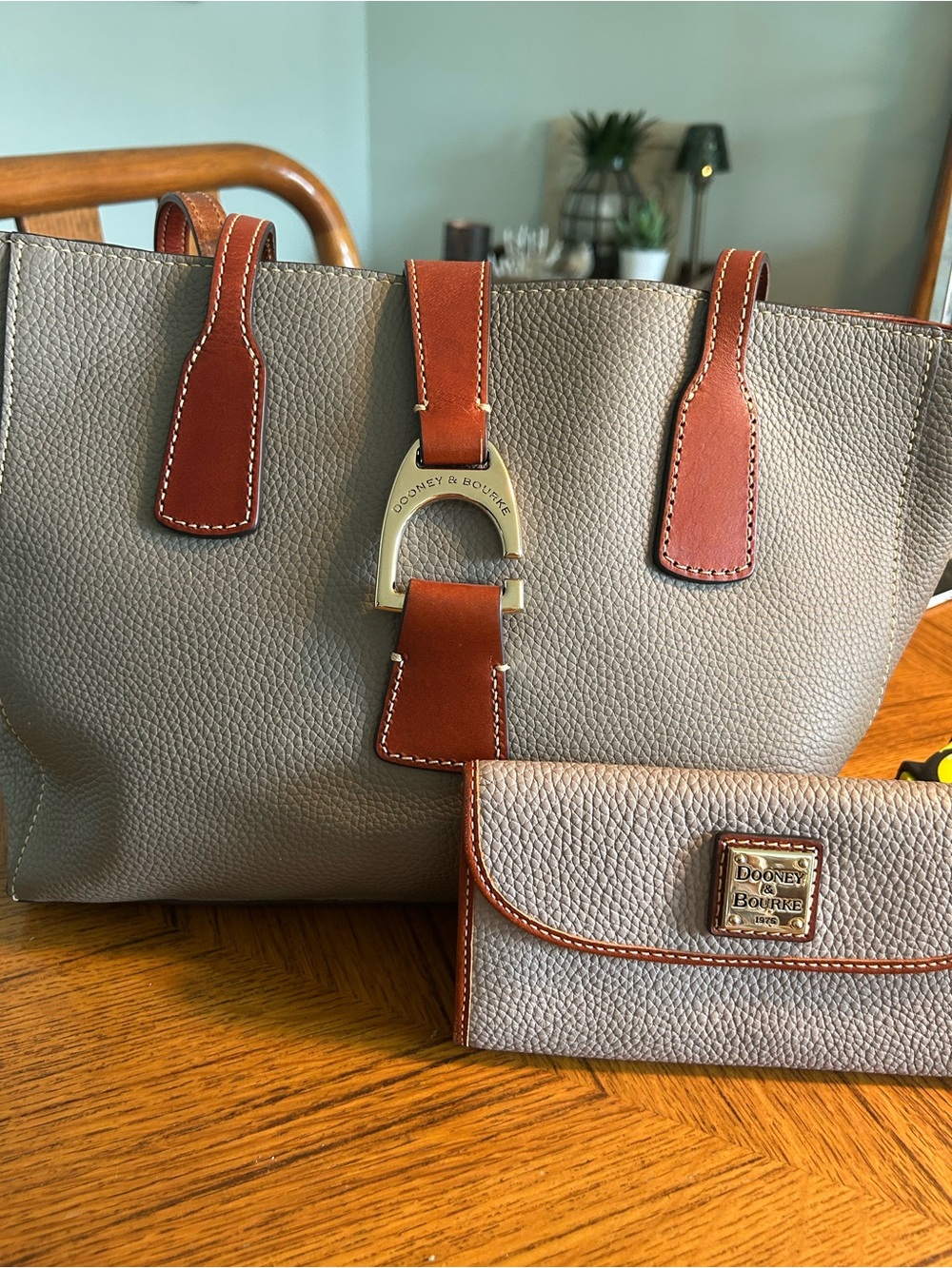 Dooney & Bourke Gray Pebbled Leather Tote with Brown Trim and Wallet
